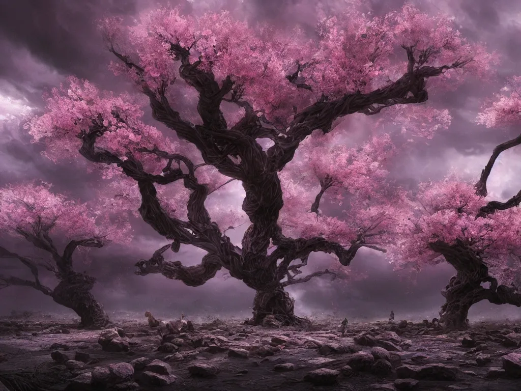 Prompt: a Photorealistic complex hyper detailed hyper realistic rendering of a gigantic eerie knotted tree full of beautiful blossoming pink Sakura flowers in a desert valley with flowers scattered all over the ground at dusk,dark stormy clouds by Craig Mullins,Greg Rutkowski,Beautiful dynamic dramatic dark moody lighting,shadows,volumetric,Cinematic Atmosphere,high surface and silhouette details,Octane Render,8k