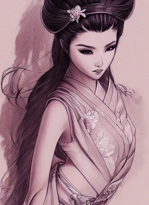 Image similar to a detailed hand drawn sketch of a stunning geisha princess, muted colors, artgerm, NeoArtCorE, artstation