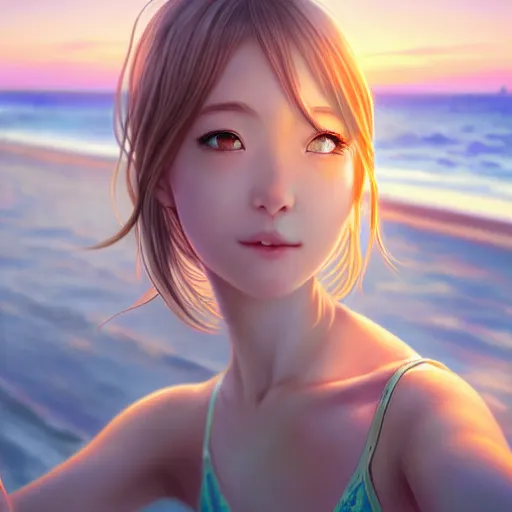 Image similar to beautiful serene intricate very detailed portrait of a realistic anime girl taking a selfie, smiling softly, wearing light loose clothing, relaxing on the beach, golden hour, soft focus, 8 k, art by irakli nadar, hyperrealism, hyperdetailed, ultra realistic