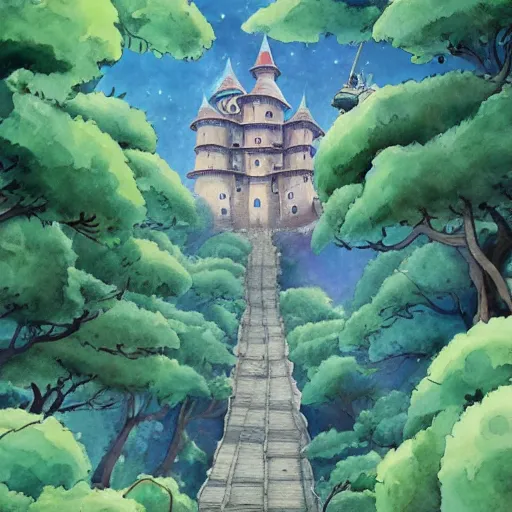 Image similar to laputa castle in the sky robot hayao miyazaki stands in a small clearing among trees, watercolor illustration for a book