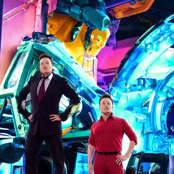 Image similar to elon musk as an evil character in totally spies, in front of a complex machine, scheming and plotting his revenge. bright, rich, colorful. full body shot, well lit