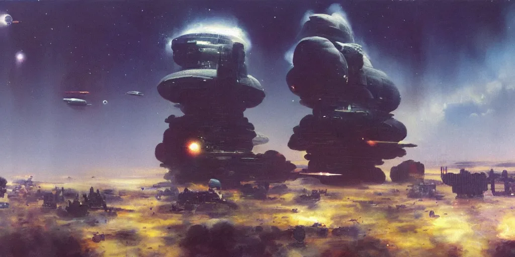 Image similar to a painting of low earth orbit space city under war by john harris.