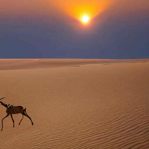 Prompt: golden oryx walks in the desert against the backdrop of a large sand dune, dawn,