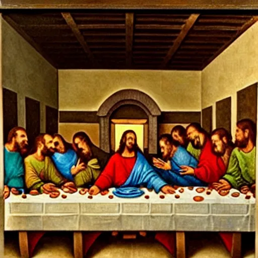 Image similar to the last supper, but at McDonald's, Jesus wears a McDonald's cap,