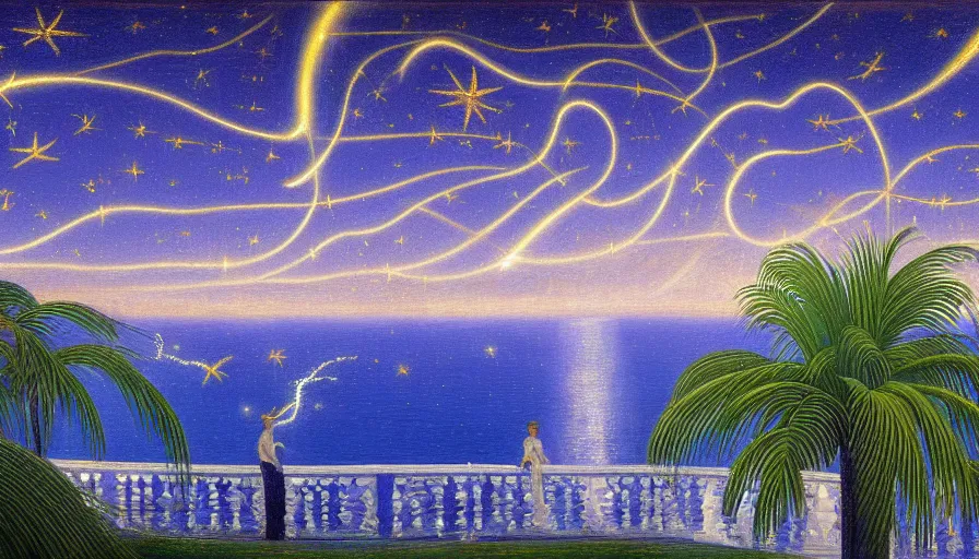 Image similar to a ultradetailed beautiful painting of the night sky of the rio de janeiro palace balustrade designed by tarsila do amaral, jules bastien - lepage, frank weston and gustave baumann, beach, trending on artstation, mediterranean, palm trees, sharp focus, lightning star sparkles refraced lines, soft light, 8 k