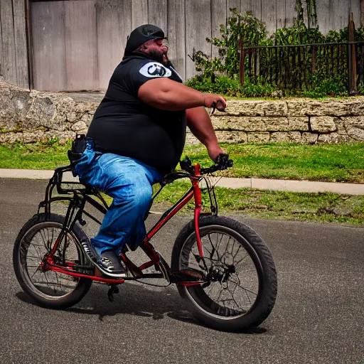 Prompt: 5 0 0 pound man riding a tiny bike, dslr photo,