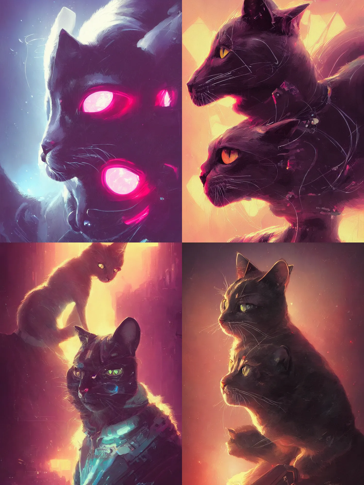 Image similar to detailed portrait of a cat, synthwave, retrowave, cyberpunk, illustration by jordan grimmer and greg rutkowski, trending on artstation