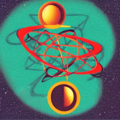 Prompt: retro dark vintage sci-fi, 2D matte dark gouache illustration, DNA connecting spheres, symetric