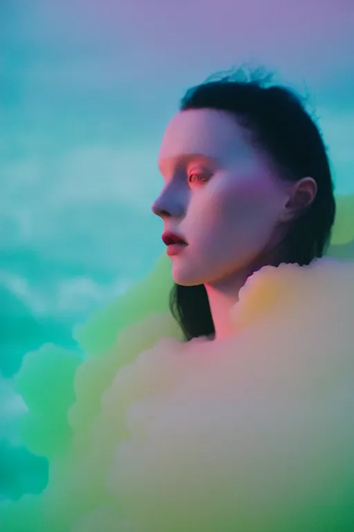 Image similar to high quality pastel coloured film close up wide angle photograph of a model wearing clothing swimming on cloud furniture in a icelandic black rock!! environment in a partially haze filled dreamstate world. three point light, rainbow. photographic production. art directed. pastel colours. volumetric clouds. pastel gradient overlay. waves glitch artefacts. extreme facial clarity. 8 k. filmic.