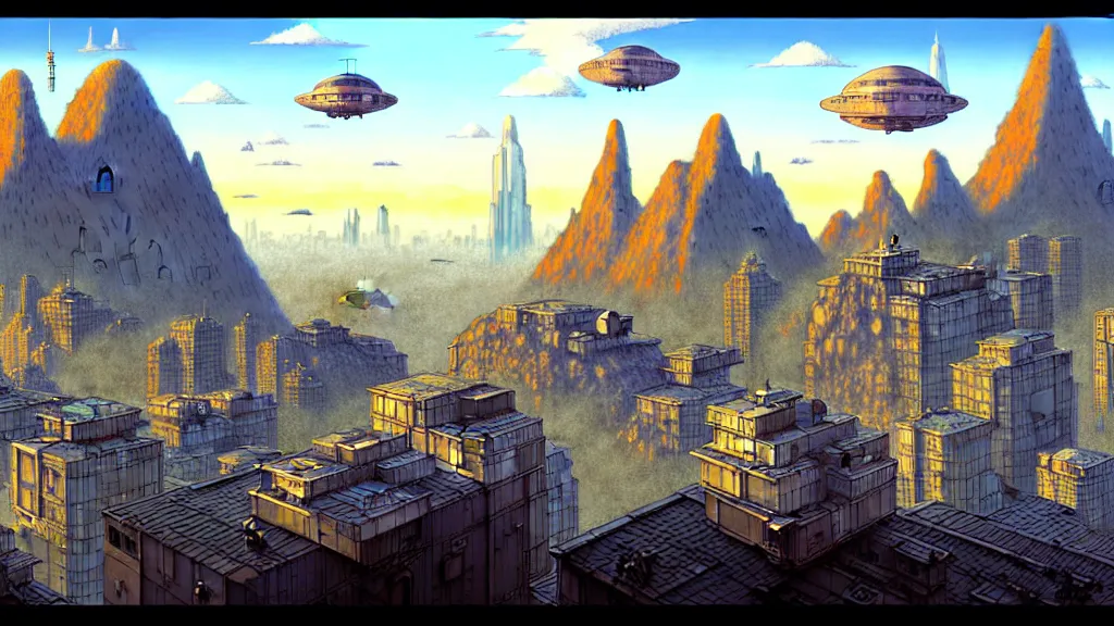 Prompt: A mountain surrounded by a metropolis by Craig Mullins, the city buildings are in a studio ghibli aesthetic, illustrative art of small steampunk airships flying around the city by Mattias Adolfsson, In the foreground are animal people on rooftops by Mattias Adolfsson, There is a deathstar in the distance in the horizion from deviantart