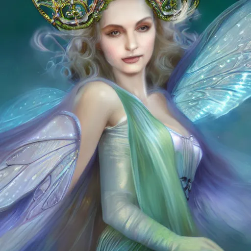 Prompt: detailed portrait of a fairy queen with wings wearing a silk robe and a cover for her face, crown, pixie, iris, realism, emerald, galaxy, sapphire,blonde hair going down to the floor, moonlit, dark fantasy, dramatic lighting, cgsociety, artstation