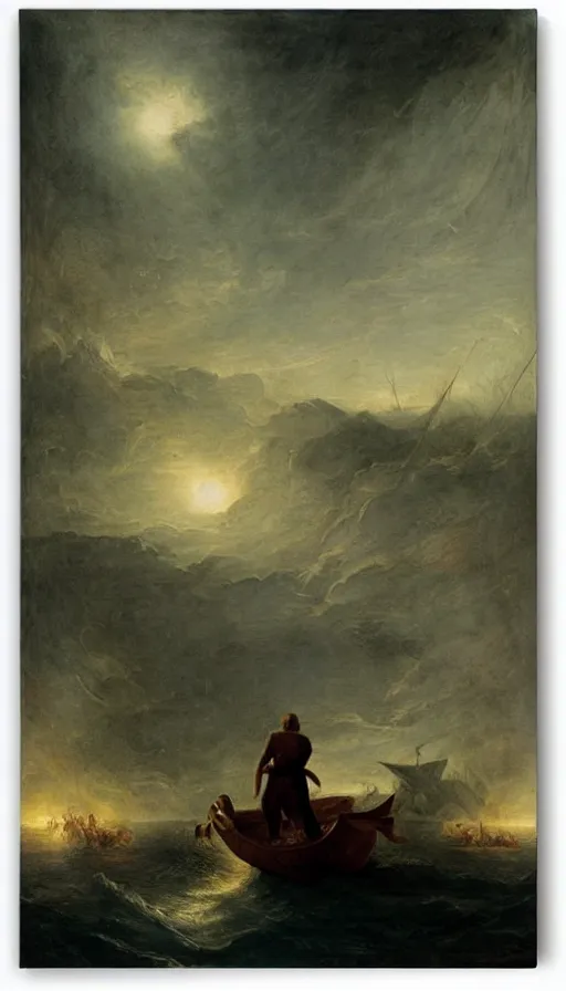 Image similar to man on boat crossing a body of water in hell with creatures in the water, sea of souls, by john martin