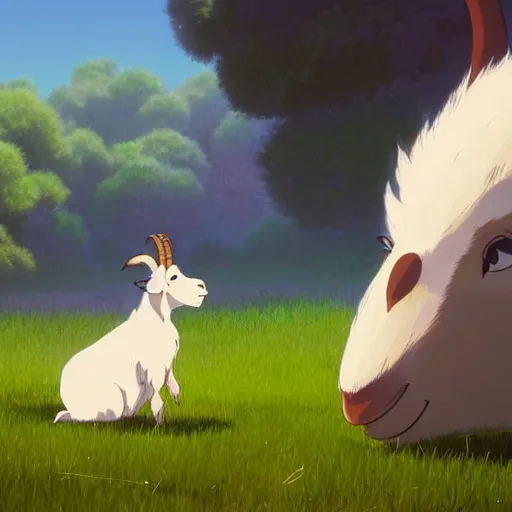 Image similar to a wholesome animation key shot of a goat smoking a joint, studio ghibli, pixar and disney animation, sharp, rendered in unreal engine 5, anime key art by greg rutkowski, bloom, dramatic lighting