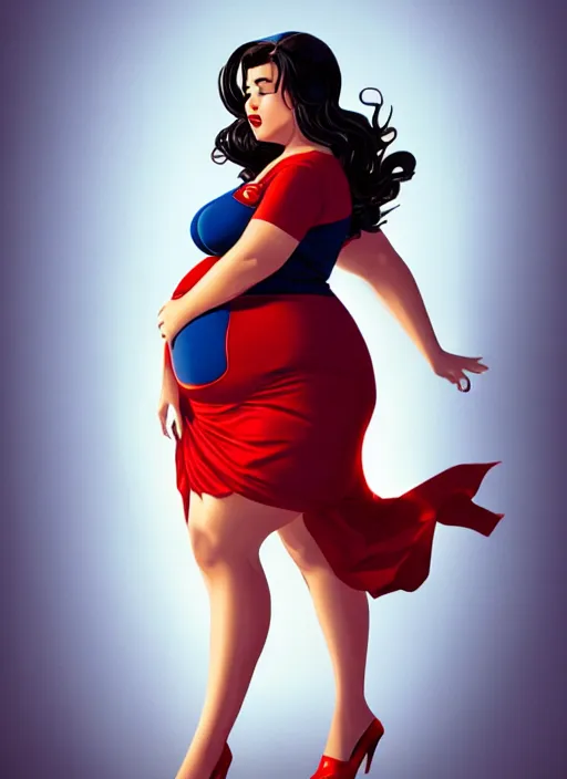 Image similar to full body portrait of teenage veronica lodge, obese, bangs, sultry, realistic, sultry smirk, wavy hair, red skirt, fat, belly, intricate, elegant, glowing lights, highly detailed, digital painting, artstation, concept art, smooth, sharp focus, illustration, art by wlop, mars ravelo and greg rutkowski