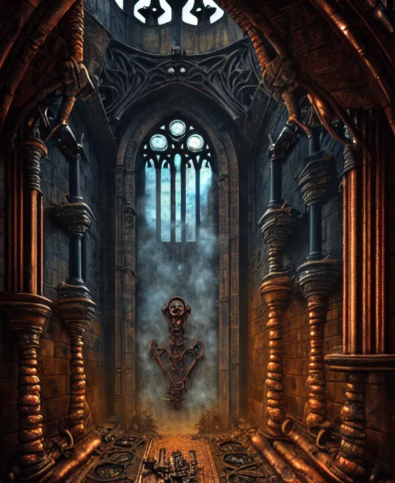 Image similar to steam necropolis, memento mori, gothic, neo - gothic, art nouveau, hyperdetailed copper patina medieval icon, stefan morrell, philippe druillet, ralph mcquarrie, concept art, steampunk, unreal engine, detailed intricate environment, octane render, moody atmospherics, volumetric lighting, ultrasharp, ominous, otherworldly