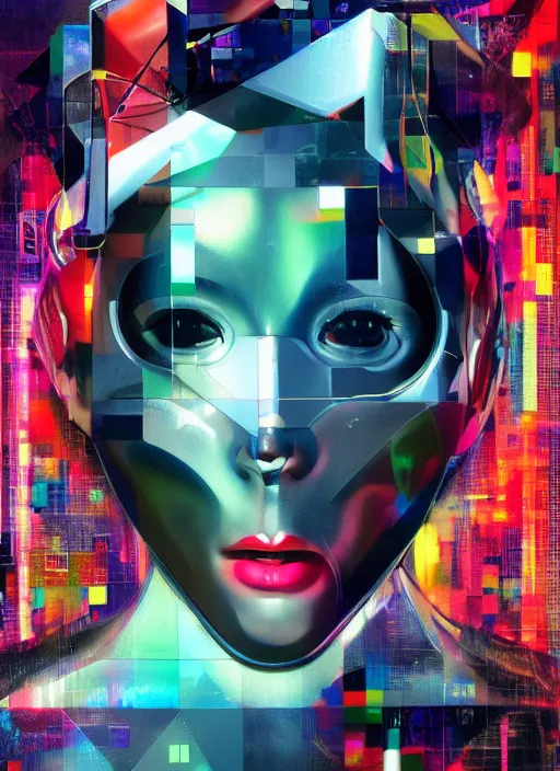 Prompt: futuristic lasers, data visualization, cyberpunk bodysuit, mask, laserpunk, visor, rain, wet, oiled, sweat, girl pinup, by steven meisel, james jean and rolf armstrong, geometric cubist perfect geometry abstract acrylic and hyperrealism photorealistic airbrush collage painting with retro and neon colors