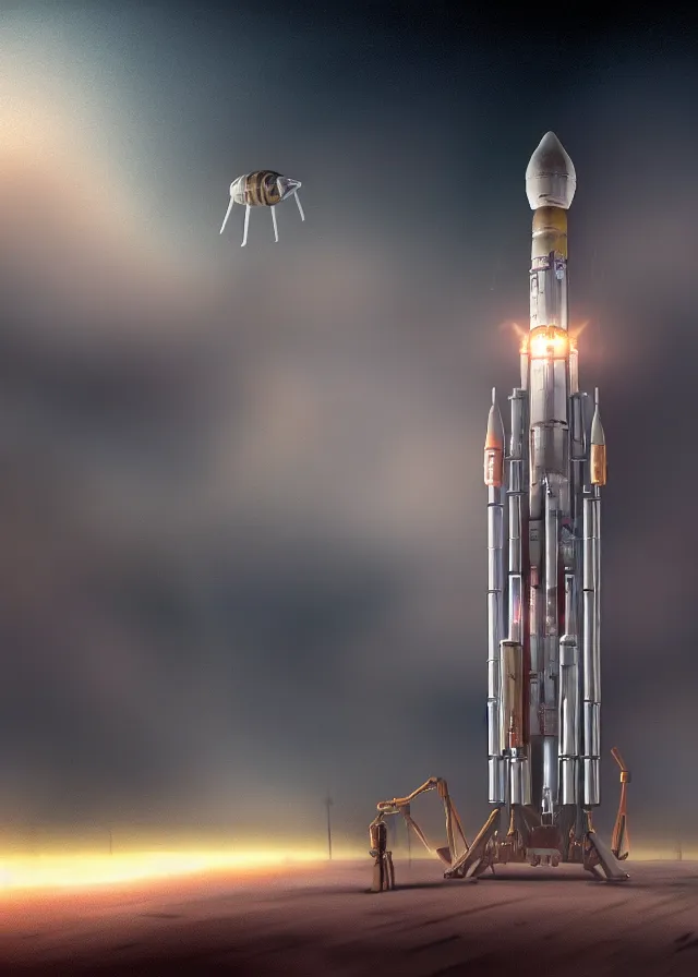 Image similar to epic professional digital art of complex heavy vertical rocket with side boosters, on launch pad, at takeoff, ambient light, painted,, cinematic, detailed, grand, leesha hannigan, wayne haag, reyna rochin, ignacio fernandez rios, mark ryden, van herpen, artstation, cgsociety, epic, stunning, gorgeous, wow wow detail