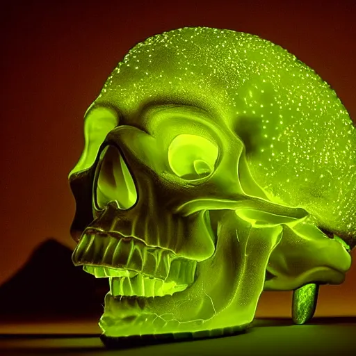 Image similar to Glowing green radioactive mushrooms are growing out of a skull, photo, dramatic lighting