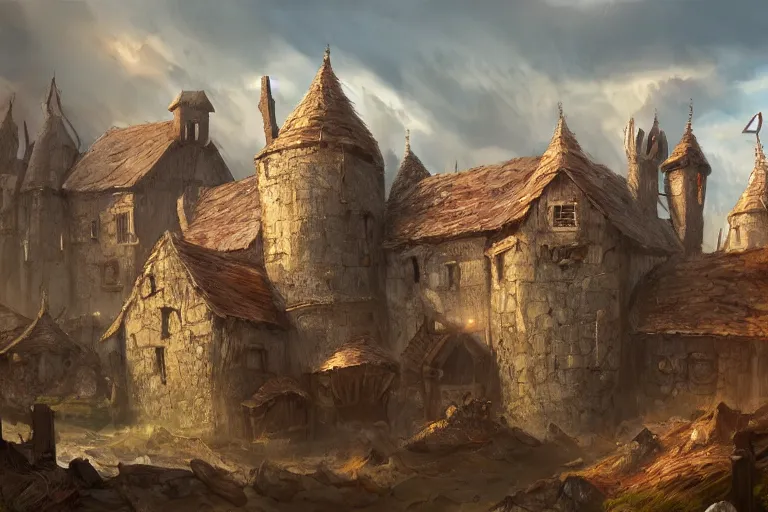 Image similar to A rough medieval settlement, iron ,iron, iron, fantasy, D&D, concept art, sharp focus, trending on artstation, digital painting, midday, sunny, beautiful