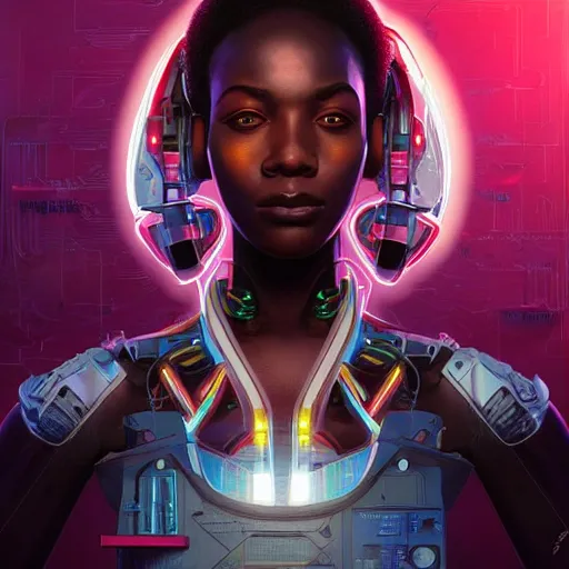 Image similar to african biopunk hacker, science fiction, highly detailed, digital painting, beautiful eyes, symmetry, concept art, sharp focus, illustration, global illumination, radiant light, synthwave colors, detailed and intricate environment, art by artgerm and greg rutkowski and magali villeneuve and ilya kuvshinov!