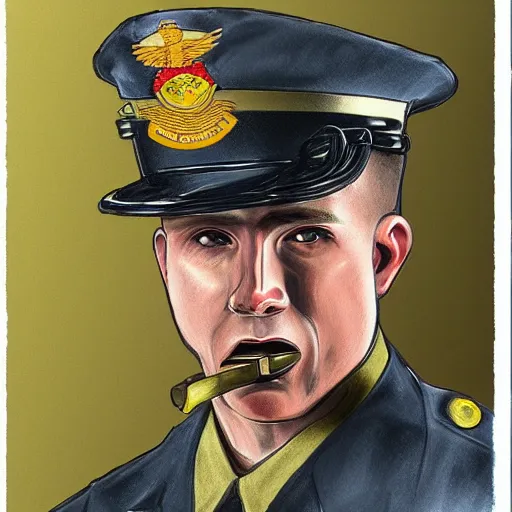 Image similar to usmc sargent eating crayons, realistic, illustration