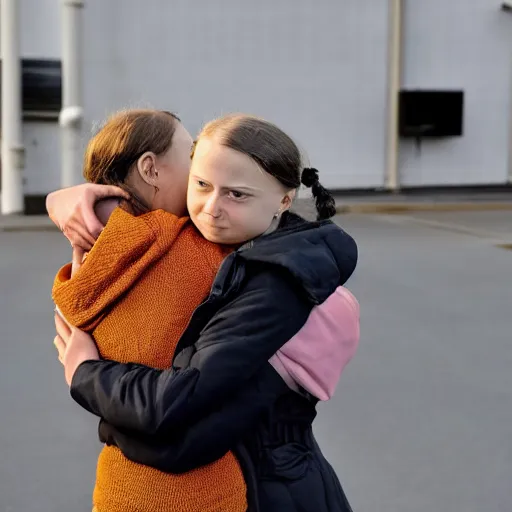 Prompt: greta thunberg hugging coal, in front of a coal fired power station