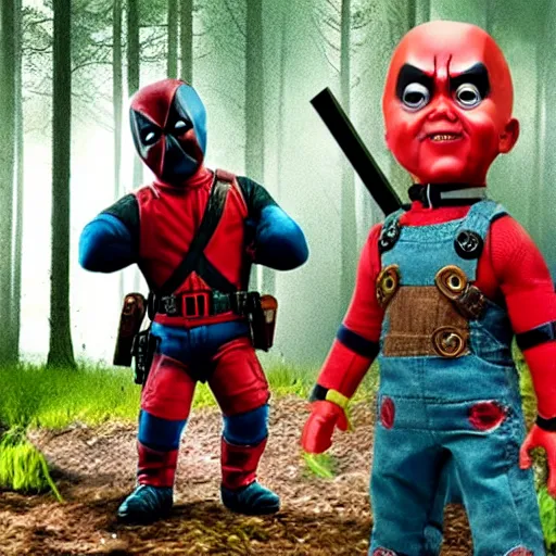 Image similar to chucky the doll and deadpool in the woods together 4 k detailed super realistic