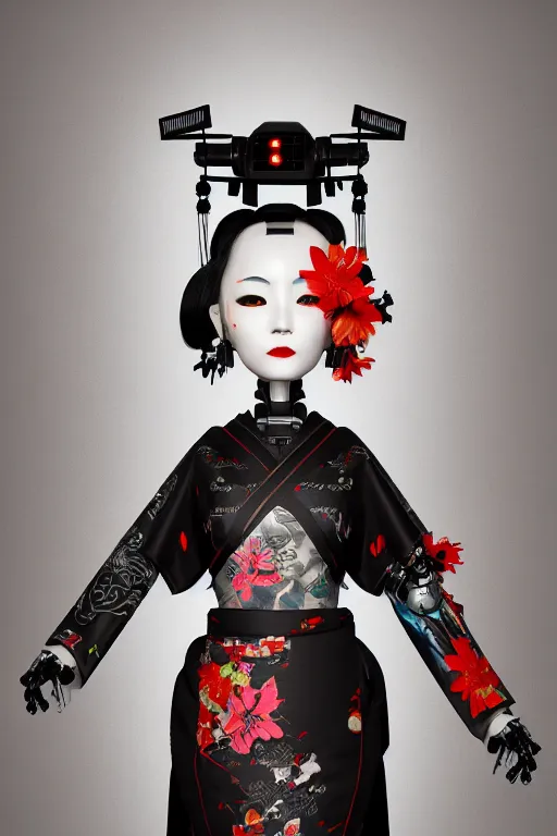 Prompt: full body portrait of a gothic japanese robot geisha with kanji tattoos and decals wearing a digital pixelated kimono, intricate design, photorealistic, octane render, raytraced, ultra fine detailed, character design, trending on artstation