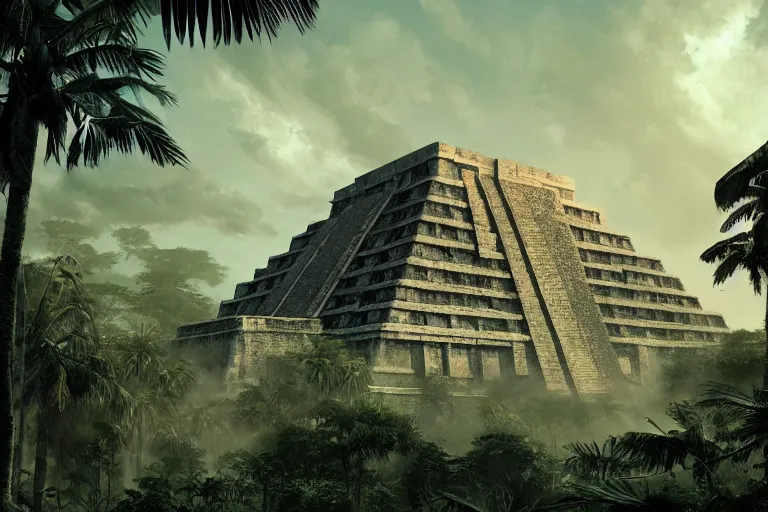 Image similar to Brutalist mayan temple in the jungle, beautiful dynamic lighting, cinematic, wide angle establishing shot, extremely high detail, photo realistic, cinematic lighting, post processed, concept art, artstation, matte painting, style by eddie mendoza, raphael lacoste, alex ross