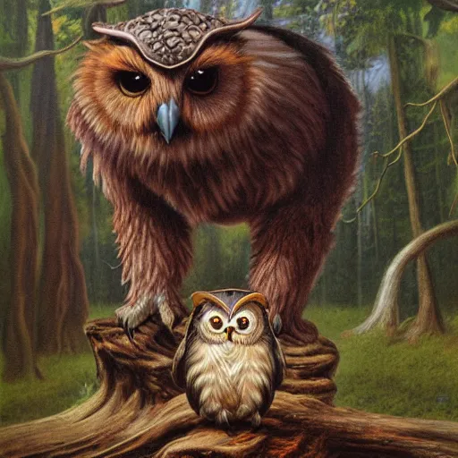 Prompt: three quarter portrait of an owlbear in the forest, d & d, fantasy, boris vallejo,