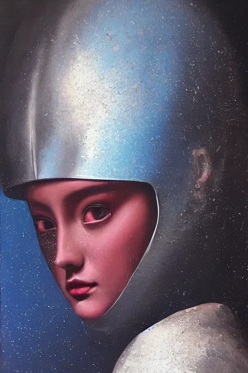 Image similar to hyperrealism oil painting, close-up portrait of medieval fashion model, knight, steel gradient mixed with nebula sky, in style of baroque mixed with 70s japan book art