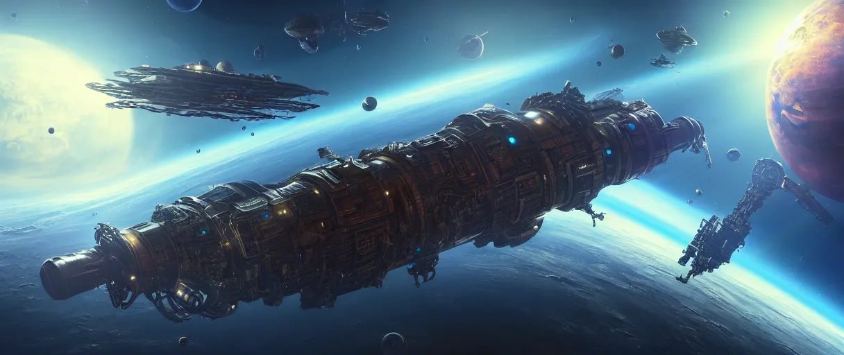 Image similar to a detailed space cruiser in orbit above a planet, detailed render, post - processing, extremely hyperdetailed, intricate, epic composition, cybernetics, 4 k realistic, cryengine, realistic shaded lighting, sharp focus, masterpiece, detailed eyes by andrei riabovitchev, peter mohrbacher, john schoenherr, arthur haas