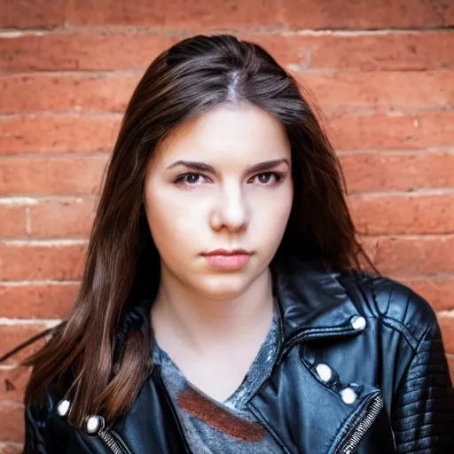 Image similar to young woman in her 20s, she wears a leather jacket and boots, photography, very detailed face, full body shot