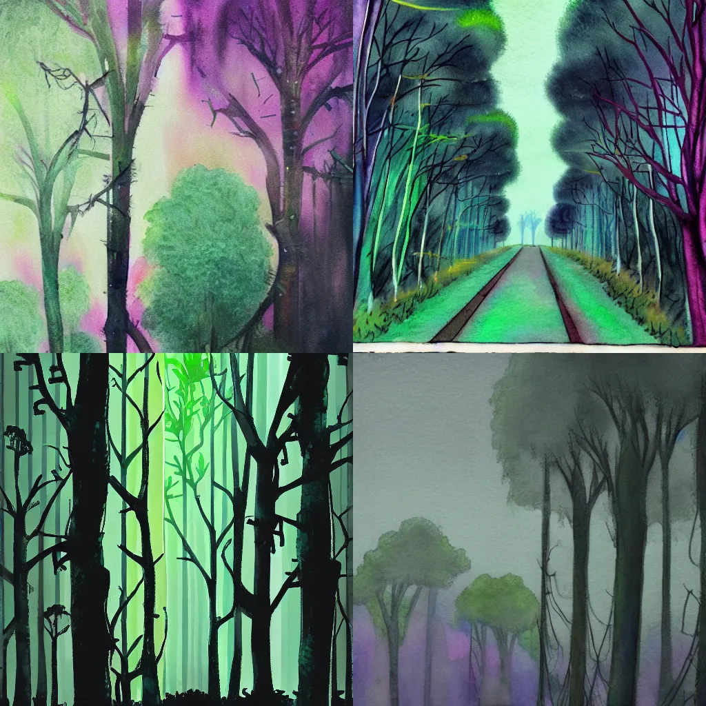 Prompt: forest of broccoli trees and gorillas are climbing these trees, cyberpunk noir, pastel watercolor