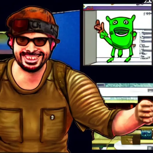 Image similar to vinesauce joel pointing at vinesauce vinny saying bogan burger, meme, realistic, hdr, clear image,