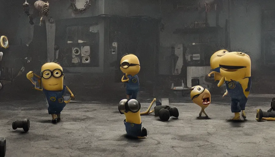 Image similar to fight!! club!!!!, fight!! club!!!! ((((the minions)))), movie still, directed by David fincher