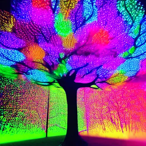 Prompt: hyper - realistic psychedelic tree with neons and lasers