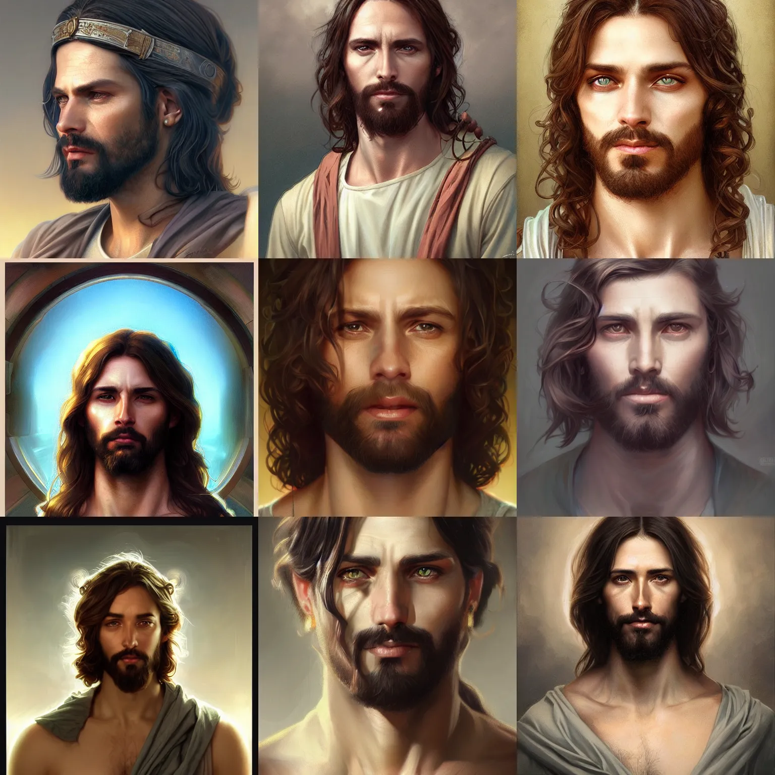 Prompt: male jesus, portrait, headshot, highly detailed, headshot, digital painting, trending on artstation, concept art, sharp focus, illustration, art by artgerm and tom bagshaw and wlop and alphonse mucha