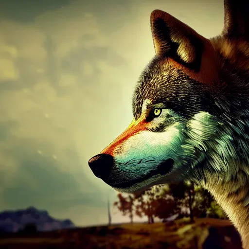 Prompt: closeup wolf, machine, horizon zero dawn, horizon forbidden west, android, robot, mechanical parts, editorial photography, realistic bokeh and depth of field, award winning, establishing shot