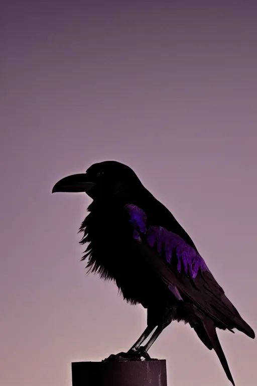 Prompt: beautiful raven standing in a shadow of the soft deep purple light of lantern, mystery, mysterious, soft dark muted colors, simple shapes, golden ratio, perfect composition, dramatic, medium close - up ( mcu ), cannon ef, 5 0 mm, f / 2. 8