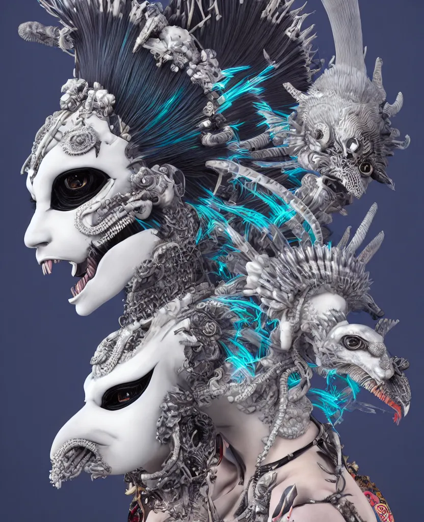 Image similar to 3 d goddess close - up profile portrait punk with mohawk with ram skull. beautiful intricately detailed japanese crow kitsune mask and clasical japanese kimono. betta fish, jellyfish phoenix, bio luminescent, plasma, ice, water, wind, creature, artwork by tooth wu and wlop and beeple and greg rutkowski