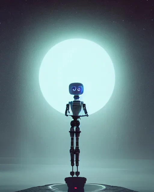 Image similar to a robot standing in front of a glowy open door that's on a barren moon, poster art by mike winkelmann, trending on cg society, space art, sci - fi, ue 5, futuristic, volumetric lighting, light casting onto the ground, neat composition and camera angle