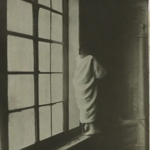 Image similar to “ghost looking in window, 1900’s photo”