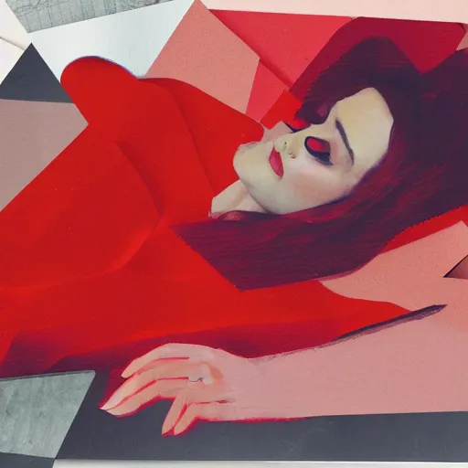 Image similar to by frank gehry crimson a e s t h e t i c, dreary. a collage of a woman reclining on a bed.