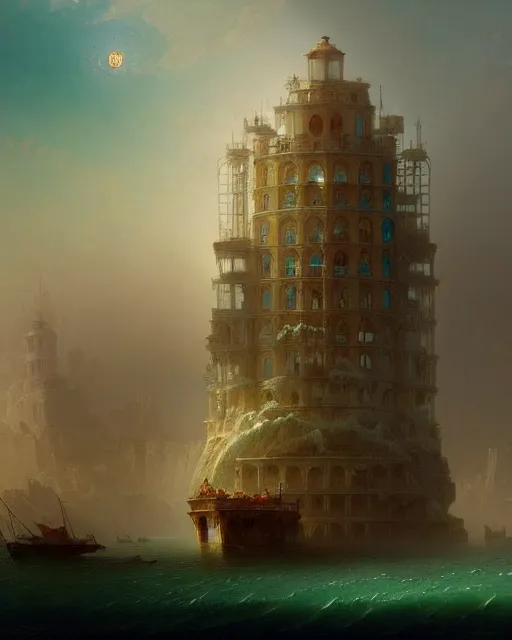 Image similar to unfinished building by ivan aivazovsky, steampunk poppy retro atlantis futuristic water biopunk gem cosmic, archdaily, wallpaper, highly detailed, trending on artstation.