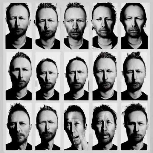 Image similar to versions collage of variations, hyper realistic, many variations of thom yorke, face variations, various emotions, various poses, high quality, brush stroke, intricate details, beautiful lighting