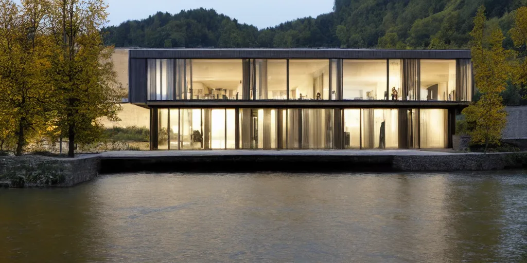 Image similar to a house by the river rhein close to mumpf designed by peter zumthor, beautiful ambient light, silver hour