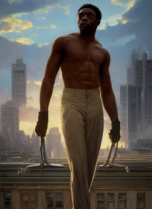 Image similar to A digital painting of a portrait of Chadwick Boseman alone on a rooftop during Golden Hour. masterpiece 4k digital illustration by Ruan Jia and Mandy Jurgens and Artgerm and greg rutkowski and Alexander Tsaruk and WLOP and william-adolphe bouguereau, marvel comics, dark, intricate, highly detailed, smooth, artstation, digital illustration by Ruan Jia and Mandy Jurgens and Artgerm and Wayne Barlowe and Greg Rutkowski and Frank Frazetta , award winning, Artstation, art nouveau aesthetic, Alphonse Mucha background, intricate details, realistic, panoramic view, Hyperdetailed, 8k resolution, intricate art nouveau