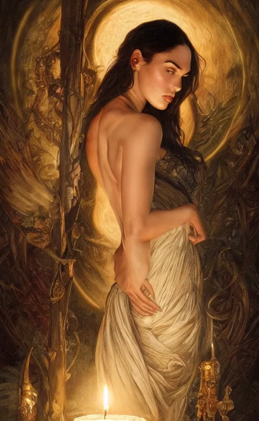 Image similar to masterpiece of megan fox with beautiful hands close to a candle in dark room, cinematic, powerful, moon beams dramatic light, highly, intricate gold elements, hollow souls, detailed, digital painting, artstation, concept art, sharp focus, illustration, art by artgerm and greg rutkowski and alphonse mucha