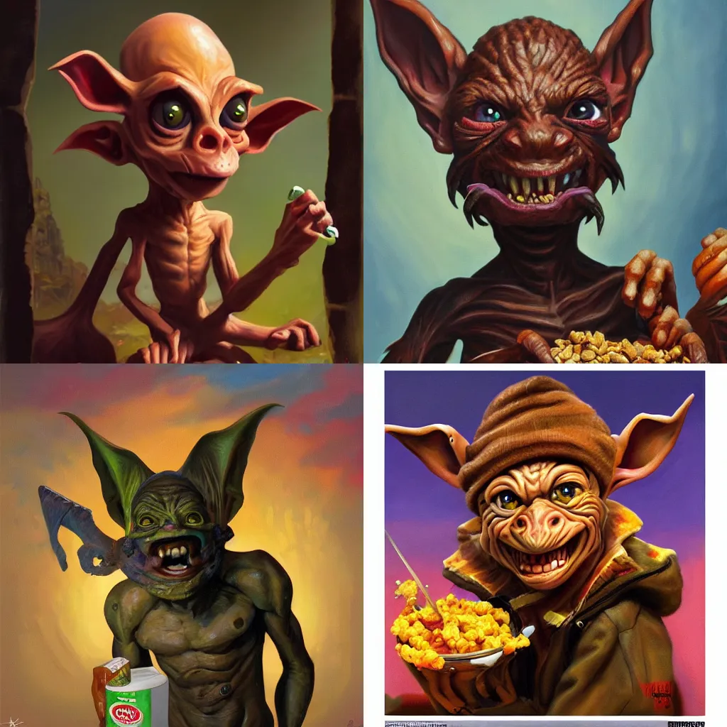 Prompt: a kev walker painting of a goblin on a cereal box, ultra high detail, trending on artstation